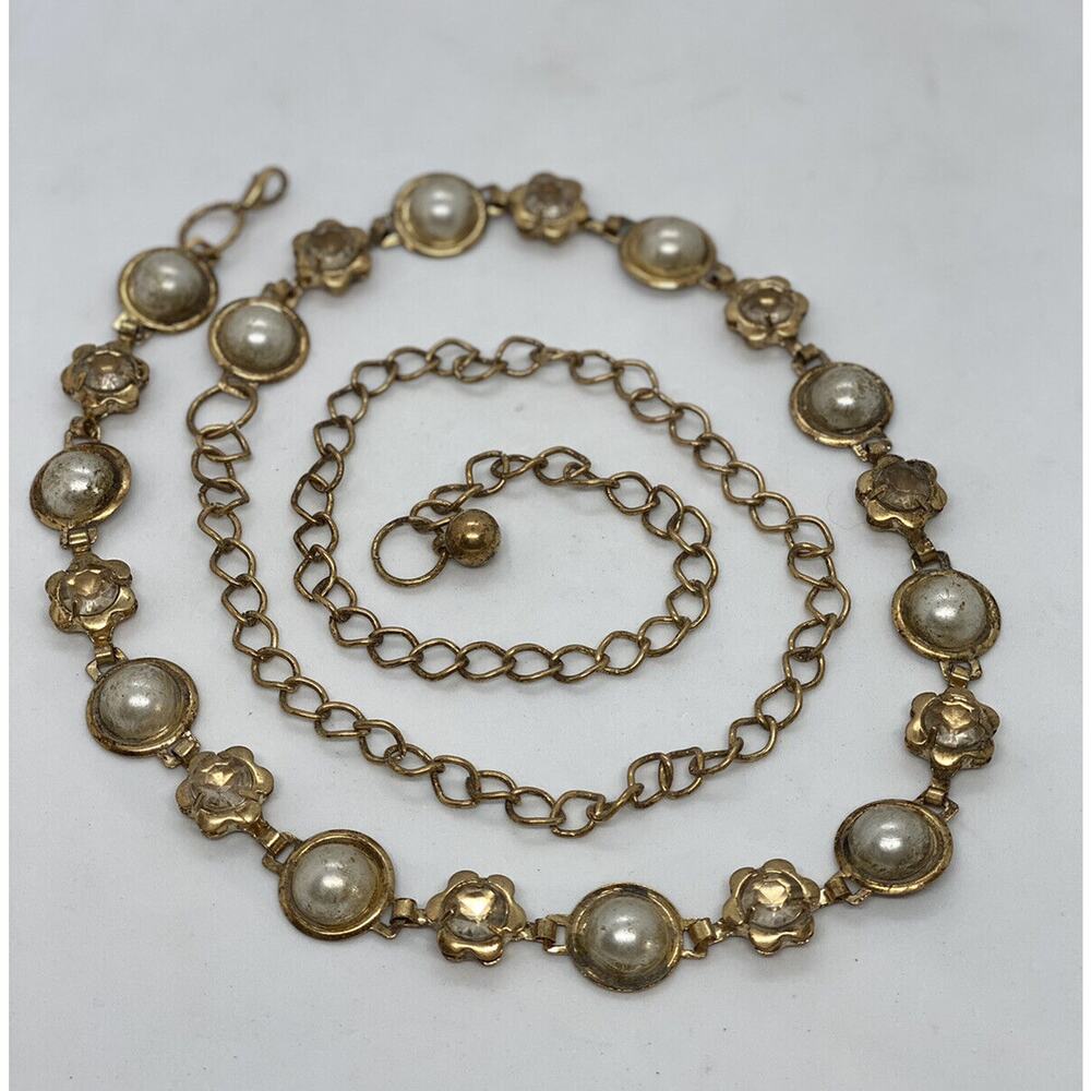 Fashion Gold Metal 34” Chain Necklace Plastic White Beads Rhinestones Estate - Picture 2 of 10
